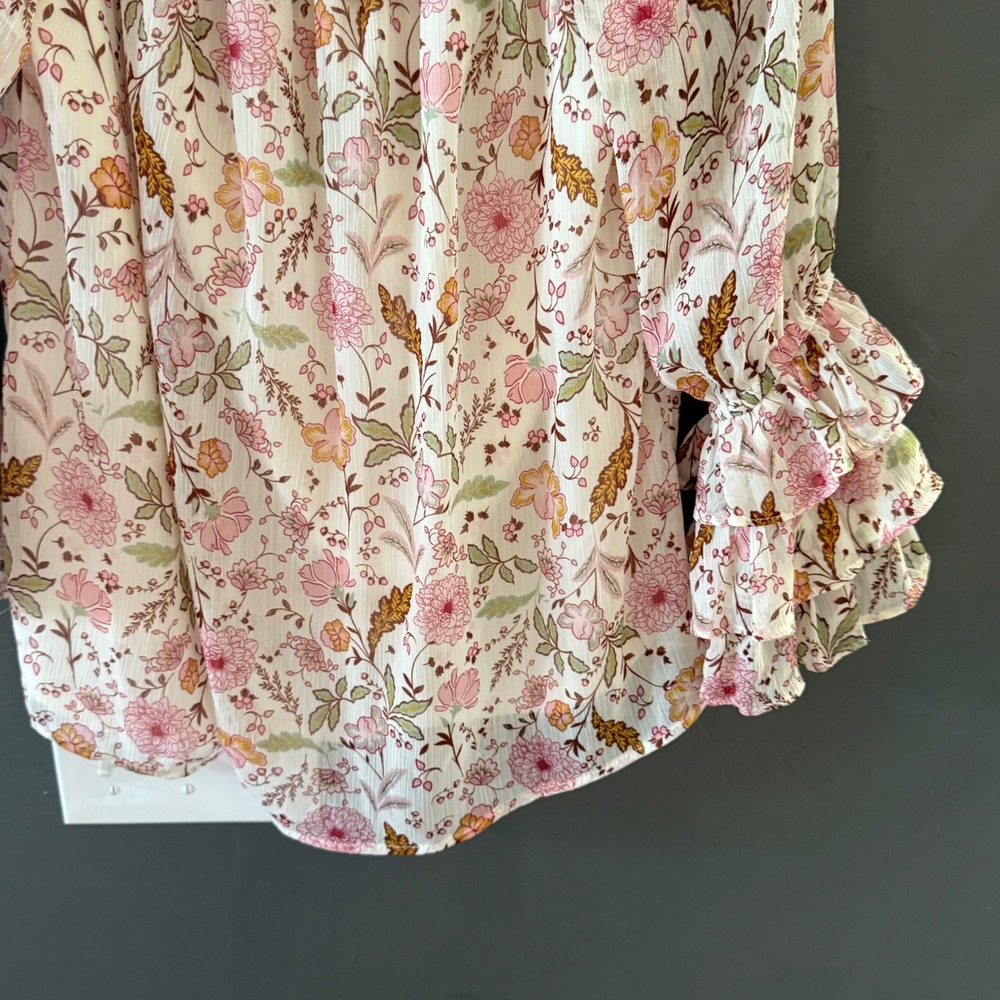 CeCe Smocked Floral Ruffle Tiered Blouse Pink Small Romantic Feminine Coquette - Picture 3 of 8